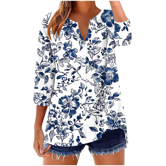 SnZhen 3/4 Sleeve Tops for Women Fashion Printed Casual Loose V-Neck Button Comfortable Versatile Bloues