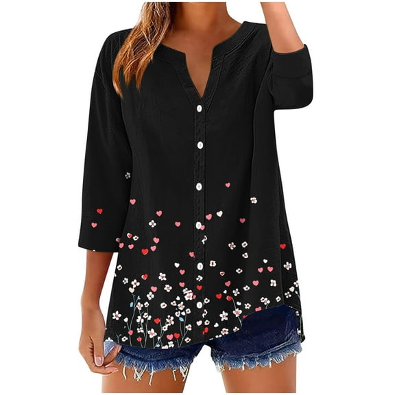 SnZhen 3/4 Sleeve Tops for Women Fashion Printed Casual Loose V-Neck Button Comfortable Versatile Bloues