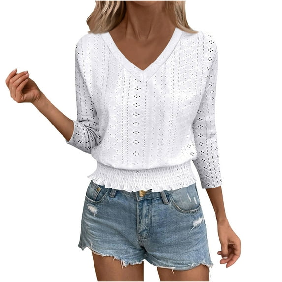 SnZhen 3/4 Sleeve Tops for Women Fashion Women's Comfortable V-Neck Solid Casual Hollow Out Blouse