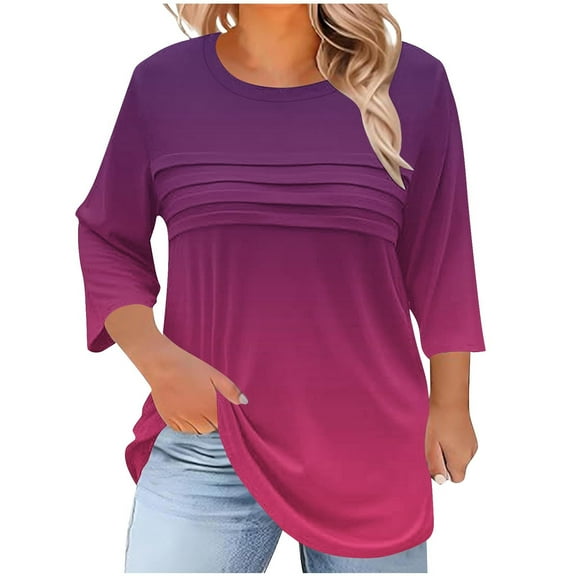 SnZhen 3/4 Sleeve Tops for Women Plus Size Casual Fall Fashion Crewneck Pleated Tunic Tops Work Outfit Blouse