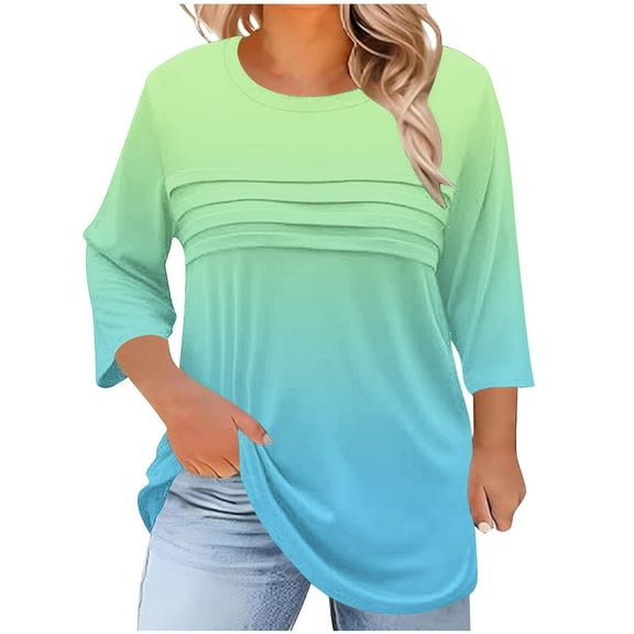 SnZhen 3/4 Sleeve Tops for Women Plus Size Casual Fall Fashion Crewneck Pleated Tunic Tops Work Outfit Blouse