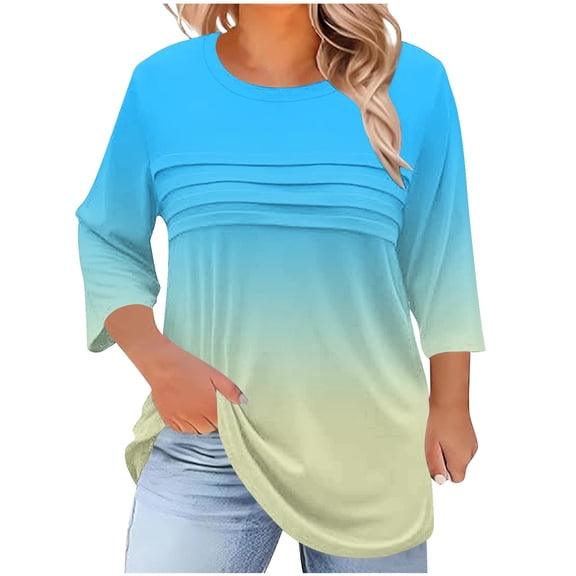 SnZhen 3/4 Sleeve Tops for Women Plus Size Casual Fall Fashion Crewneck Pleated Tunic Tops Work Outfit Blouse