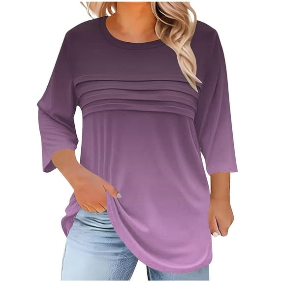 SnZhen 3/4 Sleeve Tops for Women Plus Size Casual Fall Fashion Crewneck Pleated Tunic Tops Work Outfit Blouse