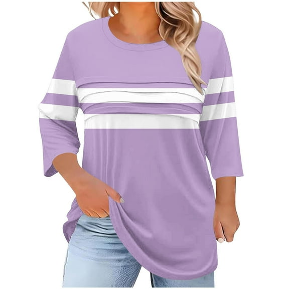SnZhen 3/4 Sleeve Tops for Women Plus Size Casual Fall Fashion Crewneck Pleated Tunic Tops Work Outfit Blouse