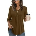 thumbnail image 1 of SnZhen 3/4 Sleeve Tops for Women Women's Casual Solid Three-Quarter Sleeve V-Neck Button Loose T-shirt Top Brown M, 1 of 5