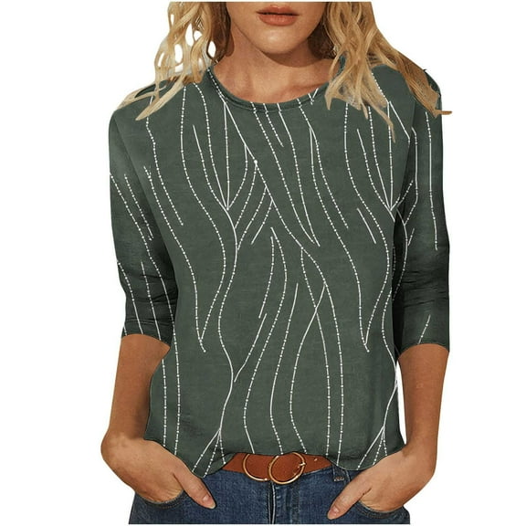 SnZhen 3/4 Sleeve Women Tops Trendy Flower Printed Crew Neck Loose Leisure Versatile Pullover T-Shirts Top Army Green S