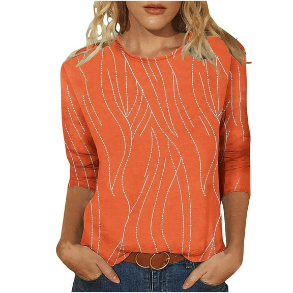 SnZhen 3/4 Sleeve Women Tops Trendy Flower Printed Crew Neck Loose Leisure Versatile Pullover T-Shirts Top Orange S