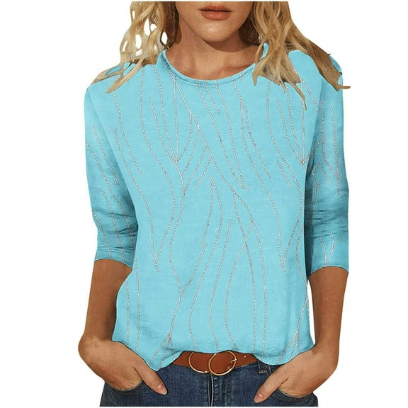 SnZhen 3/4 Sleeve Women Tops Trendy Flower Printed Crew Neck Loose Leisure Versatile Pullover T-Shirts Top Sky Blue S