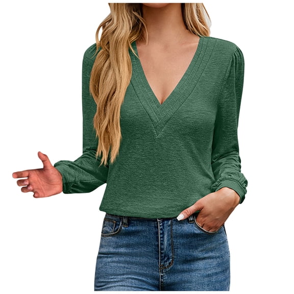 SnZhen 3/4 Length Sleeve Womens Tops Women's Casual Solid Color Multi-level V-neck Long Sleeved T-shirt Top