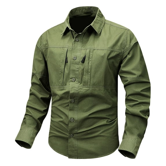 SnZhen Big and Tall Mens ShirtsMen's Fashion Casual Solid Color Cargo Pockets Buttons Long Sleeve Turndown Collar Blouse
