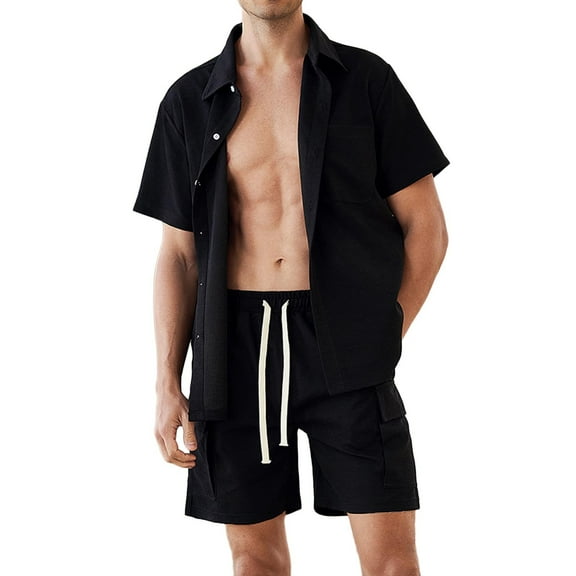 SnZhen Button up Shirt Men's Suits 2 Piece Summer Outfits Fashion Shirt Casual Short Sleeve Turndown Collar Set