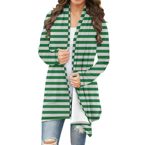 SnZhen Cardigan Tops for Women Ladies' Fall Winter Casual Long Sleeved Striped Comfy Loose Cardigans Outwear Top Green S