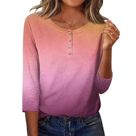 SnZhen Casual 3/4 Sleeve T-shirt for Women Fashion Gradient Color Button Round Neck Three Quarter Sleeve Loose Tops