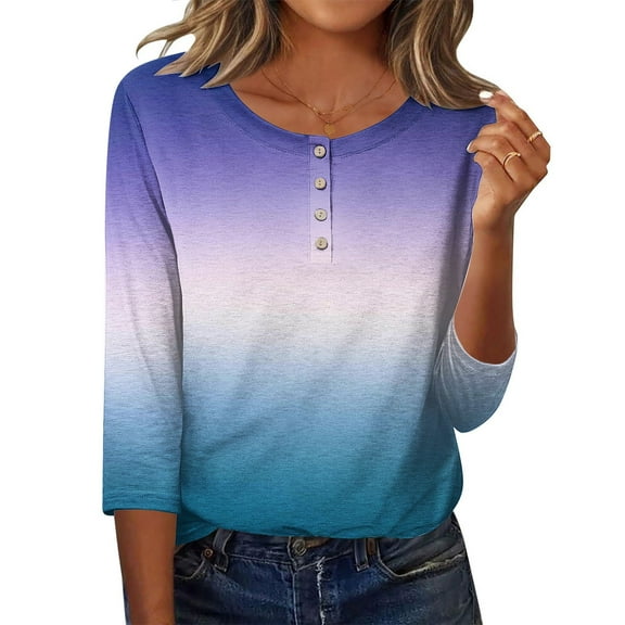 SnZhen Casual 3/4 Sleeve T-shirt for Women Fashion Gradient Color Button Round Neck Three Quarter Sleeve Loose Tops
