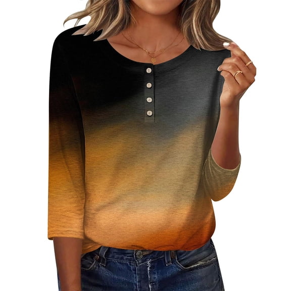 SnZhen Casual 3/4 Sleeve T-shirt for Women Fashion Gradient Color Button Round Neck Three Quarter Sleeve Loose Tops