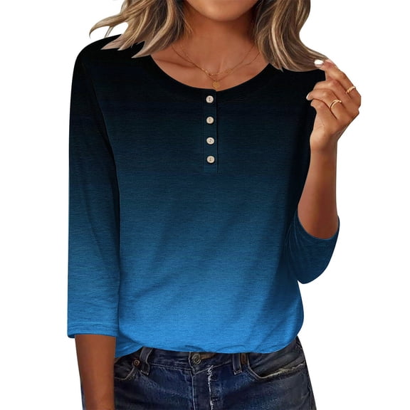 SnZhen Casual 3/4 Sleeve T-shirt for Women Fashion Gradient Color Button Round Neck Three Quarter Sleeve Loose Tops