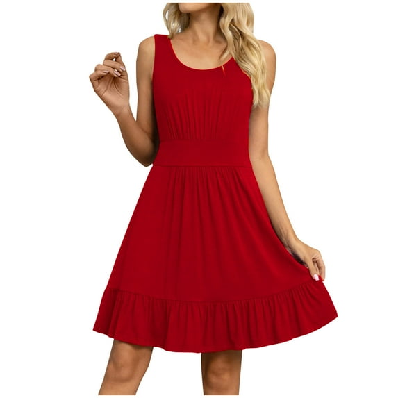 SnZhen Casual Dresses for Women Women's Fashion Sexy Solid Sleeveless Round Neck Pleated Dresses Mini Dress