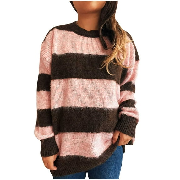 SnZhen Casual Knitted Sweater for Women Women's Long Sleeved Round Neck Striped Colorblock Pullover Loose Sweaters Pink M