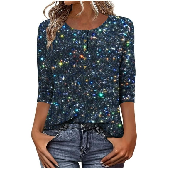 SnZhen Casual Loose 3/4 Sleeve Tops for Women Fashion Printed Glittering Button Round Neck Comfortable T-shirt Top Navy L