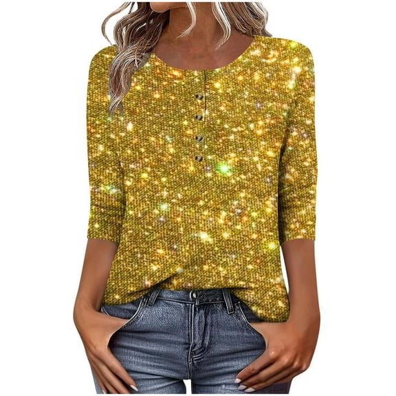 SnZhen Casual Loose 3/4 Sleeve Tops for Women Fashion Printed Glittering Button Round Neck Comfortable T-shirt Top Yellow XL