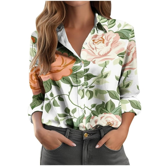SnZhen Casual Shirts for Women Printing Women's Long Sleeved Fashion Printed Lapel Button Up Bloues Mint Green#01 S