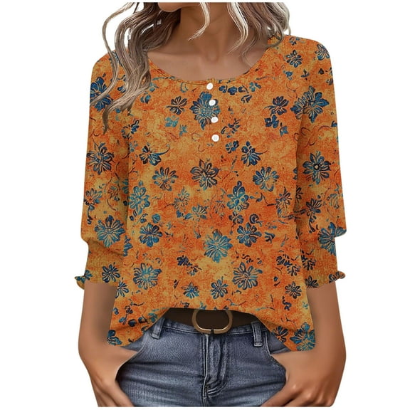 SnZhen Casual Tops for Women Ladies' Fashionable Printed Button 3/4 Length Sleeves Round Neck Top with Smocked Cuffs Orange L