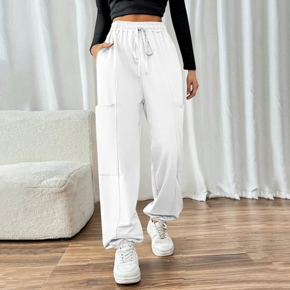 SnZhen Cherry Print Pants for Women Elastic Waist Draw Rope with Pocket Solid Color Thin Fashion Casual Pants White XXL