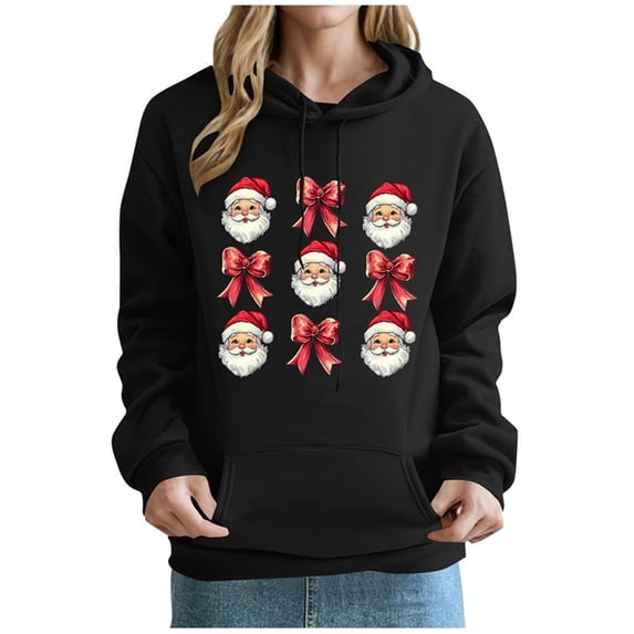SnZhen Christmas Women's Hoodies Fashion Printed Pocket Long Sleeved Hooded Comfortable Sweatshirt Tops Z-Black L