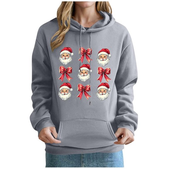 SnZhen Christmas Women's Hoodies Fashion Printed Pocket Long Sleeved Hooded Comfortable Sweatshirt Tops Z-Gray S