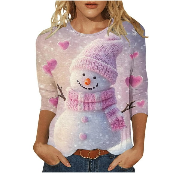 SnZhen Christmas Women's Tops Fashion Casual Christmas Printed Round Neck Loose 3/4 Sleeve Sleeve Pullover Top Multicolor S