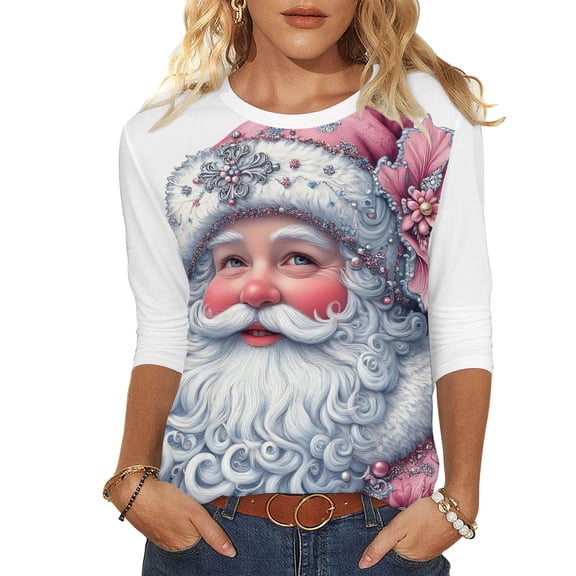 SnZhen Christmas Women's Tops Fashion Casual Christmas Printed Round Neck Loose 3/4 Sleeve Sleeve Pullover Top White L