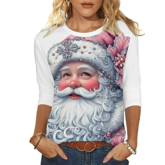 SnZhen Christmas Women's Tops Fashion Casual Christmas Printed Round Neck Loose 3/4 Sleeve Sleeve Pullover Top White M