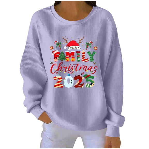 SnZhen Christmas Women's Tops Ladies' Fashionable Loose Casual Letter Printed Long Sleeved Round Neck Sweatshirt Top Purple S