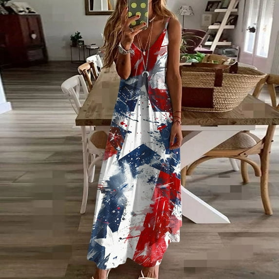 SnZhen Dresses for Women Short Party Women Fashion Sling Mid-waist V-neck Sleeveless Stripe Printing Slim Beach Long Dress