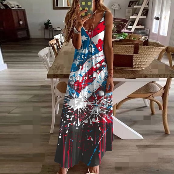 SnZhen Dresses for Women Short Party Women Fashion Sling Mid-waist V-neck Sleeveless Stripe Printing Slim Beach Long Dress