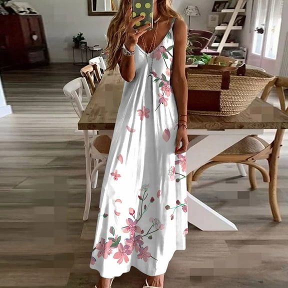 SnZhen Dresses for Women Short Party Women Fashion Sling Mid-waist V-neck Sleeveless Stripe Printing Slim Beach Long Dress