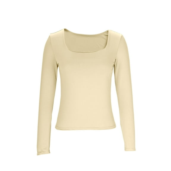 SnZhen Fall/Winter Tops for Women Women's Casual Solid Color Round Neck Long Sleeved Loose Buttom Top Beige L