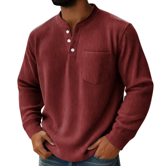 SnZhen Fashion Corduroy Tops for Men Casual Solid Color Round Neck Button Long Sleeve Loose T-Shirt Blouse Red M