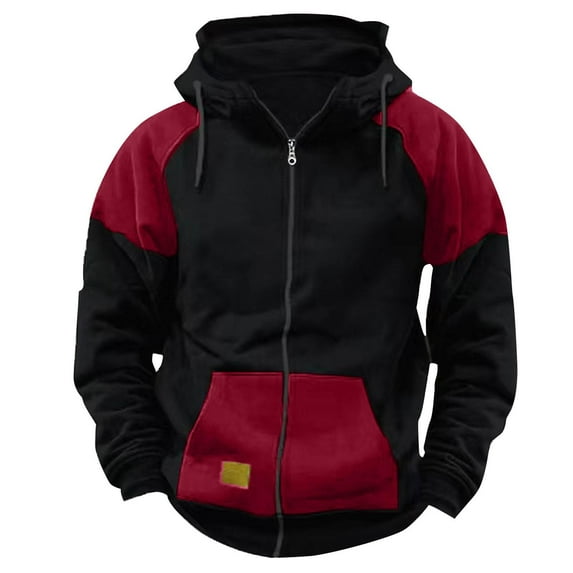 SnZhen Hoodies Sweatshirt for Men Fashion Casual Patchwork Pullover Zipper Workwear Sports Workout Long Sleeves Tops L Red
