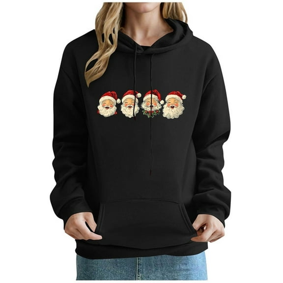 SnZhen Hoodies for Women Christmas Fashion Printed Pocket Long Sleeved Hooded Comfortable Sweatshirt Tops ZA-Black S
