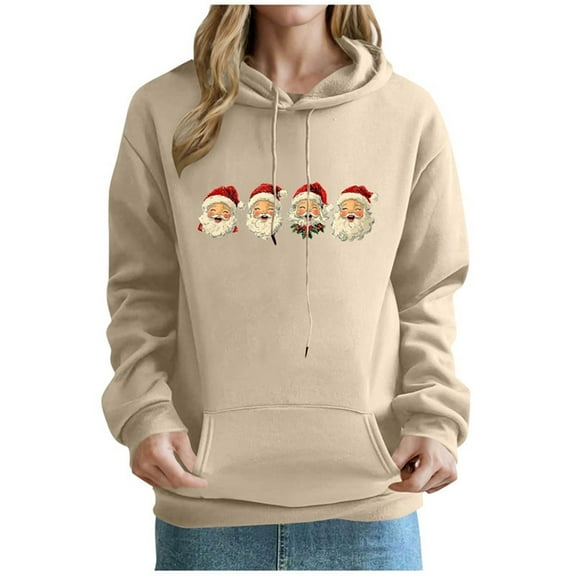 SnZhen Hoodies for Women Christmas Fashion Printed Pocket Long Sleeved Hooded Comfortable Sweatshirt Tops ZA-Khaki XL