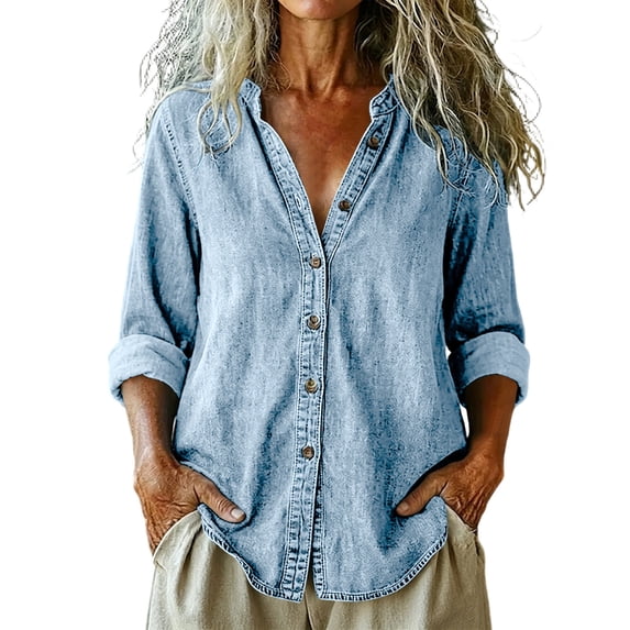 SnZhen Ladies Denim Shirt Front Button Long Sleeve Collarless Relaxed Fit Casual Top Gray,S
