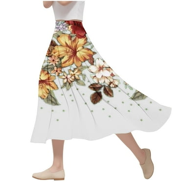 SnZhen Long Skirts for Women Women's Casual Flowers Printed A-line Elastic Waist Skirt