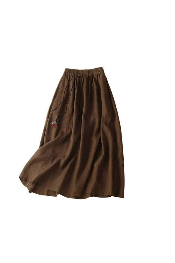 Long Skirts for Women Women's Summer Casual Printed Cotton And Linen A-line Elastic Waist Skirt