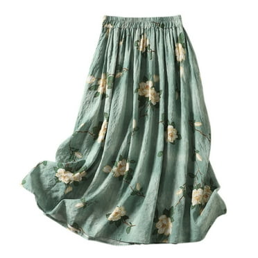 SnZhen Long Skirts for Women Women's Summer Casual Printed Cotton And Linen A-line Elastic Waist Skirt