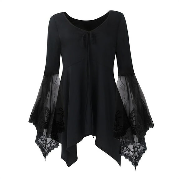 SnZhen Long Sleeve Tops for Women Fashiable Ladies Solid Color Lace Strap Irregular Hem Round Neck Slim Top Black XXL