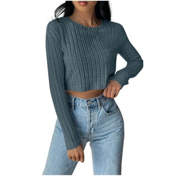 SnZhen Long Sleeve Tops for Women Fashion Ladies' Casual Solid Color Pit-Striped Round Neck Short Pullover Tops