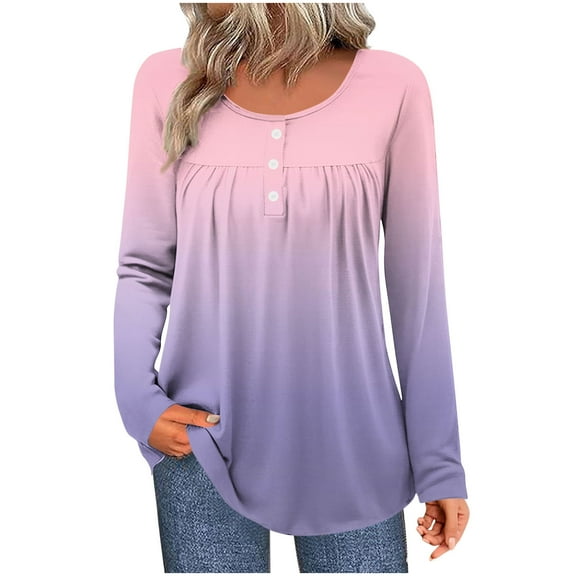 SnZhen Long Sleeve Tops for Women Fashion Round Neck Button Gradient Color Loose Pleated Pullover T-shirts