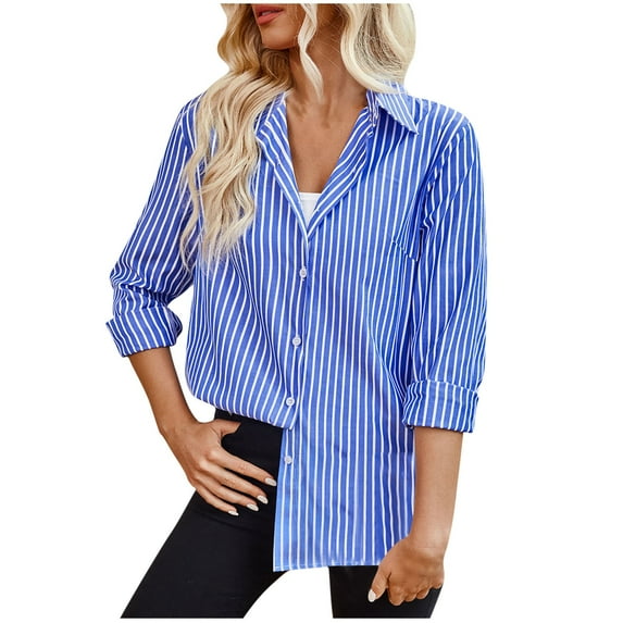 SnZhen Long Sleeve Tops for Women Women's Fashionable Casual Long Sleeve Striped Shirt Button Lapel Top