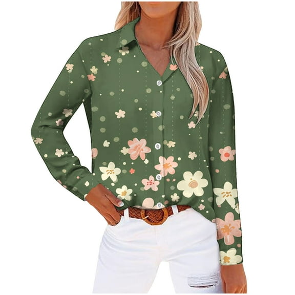 SnZhen Long Sleeve Tops for Women Women's Long Sleeved Regular Casual Orange Series Printed Lapel Button Up Shirt